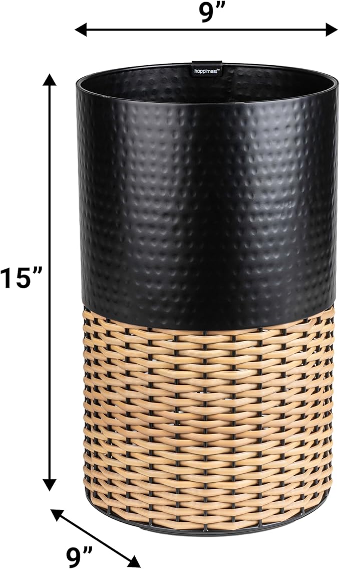 happimess HPM1102C Asher Modern 4.13-Gallon 2-Tone Faux Wicker/Metal Cylinder Waste Basket, Black/Natural for Home, Bathroom, Living Room, Office, Bedroom, Kitchen