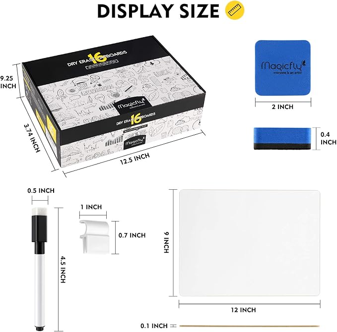 Magicfly Double-Sided Small White Board for Classroom, 9 x 12 Inches Dry Erase Lap Boards, Bulk Pack of 16 Mini White Board for Student, Teachers, Office, with 16 Pens, 16 Erasers & 16 Pen Clips