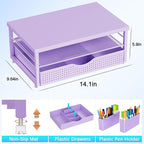 gianotter Wood Monitor Stand Riser, Desk Organizer with Drawer and 2 Pen Holders, 2-Tier Workspace Organizer for Office Supplies (Purple Wood)