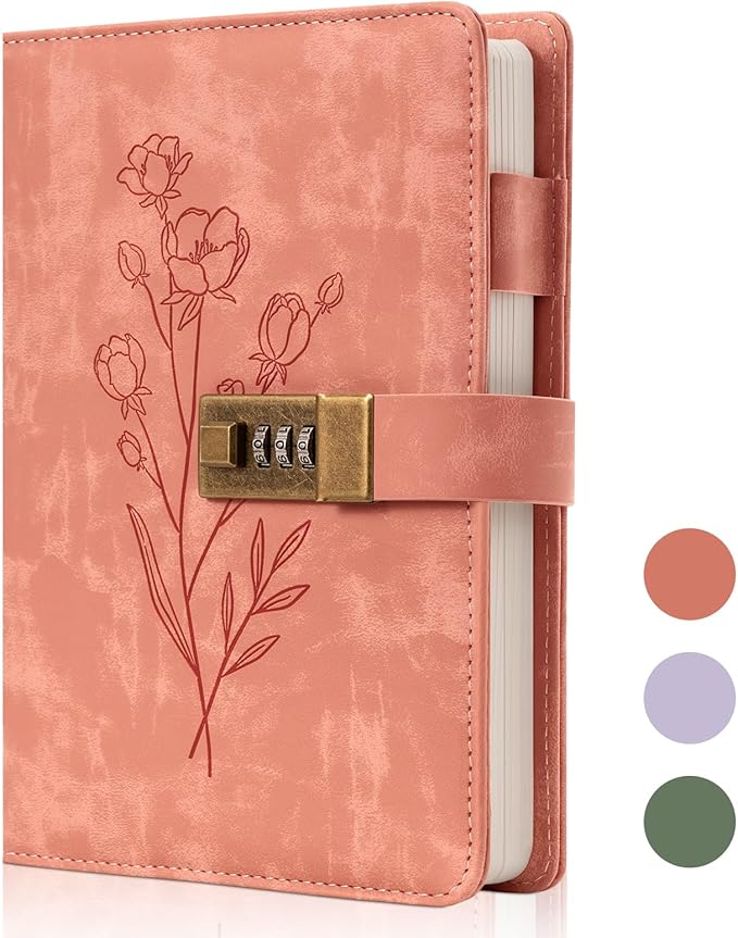 Lock Diary for Women Diary with Lock for Girls A5 Leather Locked Journal 260 Pages 100 GSM Refillable Journal with Lock for Teens Secrets Flower Journals with Combination Passwords, 5.7"x8.3", Pink