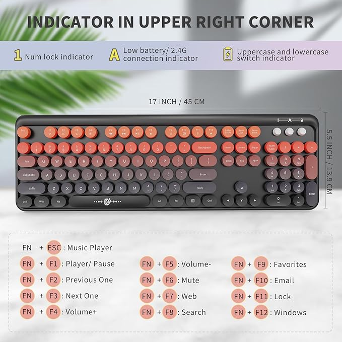 Wireless Keyboard and Mouse Combo, 2.4 GHz Full-Sized Typewriter Keyboard and Mouse Wireless with Round Keycaps for Windows, Computer, Desktop, PC, Laptop (Black Orange)