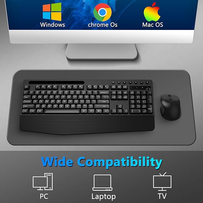 Wireless Keyboard and Mouse Combo, Full-Sized Ergonomic Keyboard with Wrist Rest, Phone Holder, Sleep Mode, Silent 2.4GHz Cordless Keyboard Mouse Combo for Computer, Laptop, PC, Mac, Windows