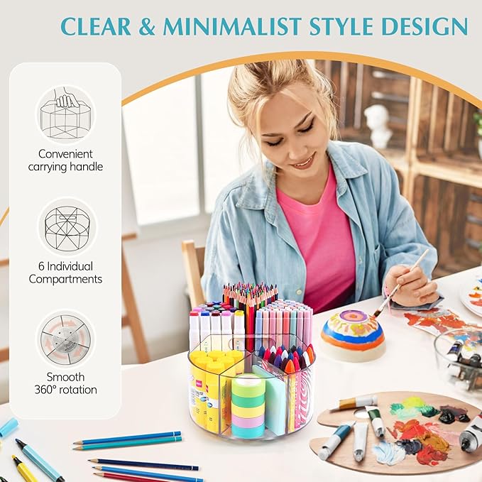 Large Acrylic Pen Holder for Desk, 6 Slots 360-Degree Rotating Pencil Holder Marker Organizer for Kids, Caddy Art Supply Organizer Crayon Organizers for Office School
