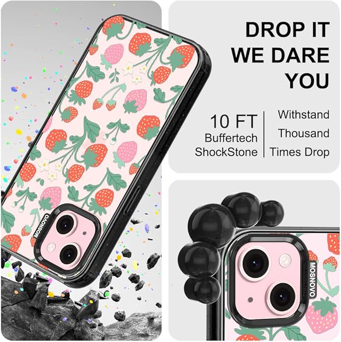 MOSNOVO Case for iPhone 15, [10ft 4X Military-Grade Drop Protection] Durable & Shockproof Phone Case Cover Design for iPhone 15 - Strawberry Garden - Clear Black