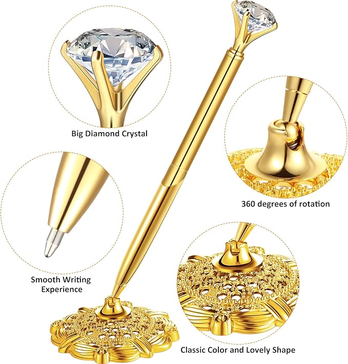 Outus 2 Pieces Gold Wedding Pens for Guest Book Signing Diamond Pen with Hollow Round Holder Stand Set for Wedding Bridal Engagement Reception Supplies