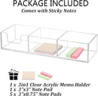Acrylic 3in1 Sticky Note Holder Desk Organizer, 11.8" x 3.9" x 2.3" Self-Stick Memo Pad Dispenser for School Office Home Post Bank with 3 Compartments (DP003)