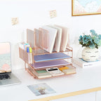 Desk Organizer with 5 Vertical File Holders, 3-Tier Paper Organizer and Drawer, Desk Accessories in Rose Gold