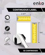 enKo - Compatible DK-2205 Continuous Paper Labels (2.4 Inch x 100 Feet) Compatible for Brother QL Label Printers - 96 Rolls with 32 Refillable Cartridge Frames