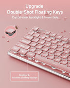 V3 Wireless Keyboard and Mouse with Single Backlit, Metal Panel, Bluetooth/2.4G Rechargeable Computer Keyboard and Mouse Combo Silent Lighted Full Size Cute Keyboards-Pink