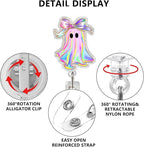 Halloween Badge Reel Retractable ID Name Holder Fun Cute Ghost with Bow Badge Charm Designs Acrylic Cartoon Spooky ID Badge Holder with Alligator Clip for Students Nurses Teachers ID Clip