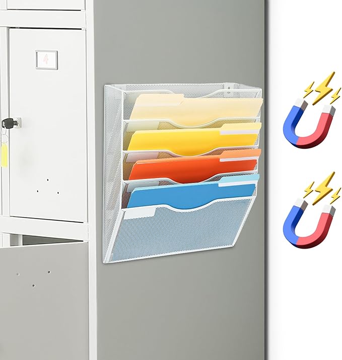 EASEPRES Magnetic 5 Pocket Mesh Hanging File Organizer, Wall Mounted Mail Paper Document Folder Holder, Clipboard Storage Organization Magazine Rack with Nametag Label for Office Home School, White