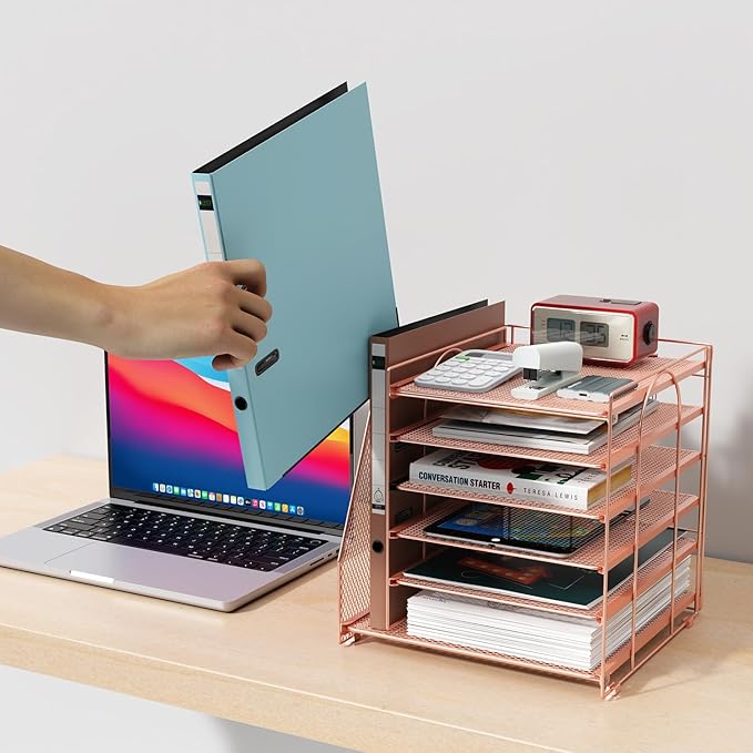 Gianotter Desk Organizer for Women, 6-Tier Paper Organizer with Magazine Rack, Office Desk Decor, Office Supplies (Rose Gold)
