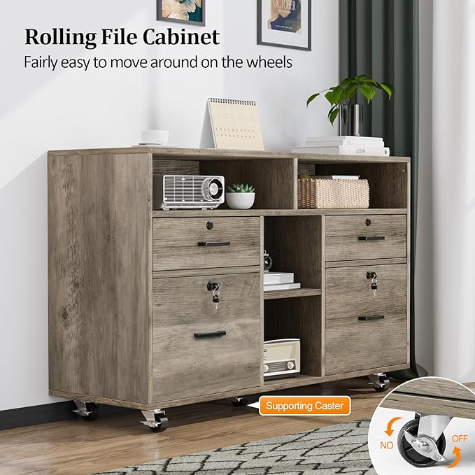 VINGLI Wide 4 Drawer File Cabinet with Lock, Rustic Grey Rolling File Cabinet with Open Shelves, Lockable Printer Stand, Letter Sized