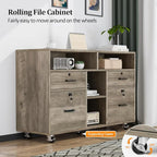 VINGLI Wide 4 Drawer File Cabinet with Lock, Rustic Grey Rolling File Cabinet with Open Shelves, Lockable Printer Stand, Letter Sized