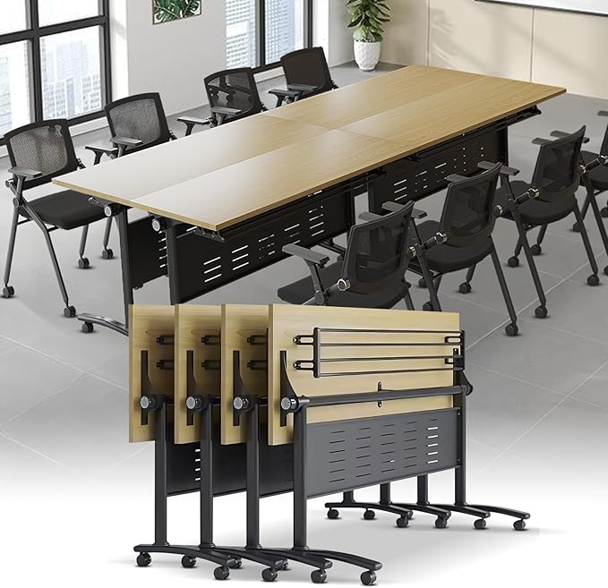 Folding Conference Table, Maple Brown Folding Conference Room Table with One-Touch Fold Button & 360° Swivel Casters, Space-Saving Mobile Meeting Table for Offices, Training Rooms(4PCS)