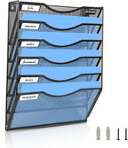 Wall File Organizer, 6 Tier Hanging File Folder Mail Organizer, Vertical Mesh Metal Wall Mount Hanging File Holder, Paper Document Magazine Rack for Home Office Black