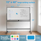 VOWNER Double-Sided Magnetic Whiteboard, 72" x 40" Large Mobile Dry Erase Board, Reversible Rolling White Board with Aluminum Frame & Stand, for Home Office, Classroom, School, Black