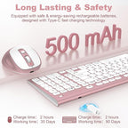 FENIFOX Wireless Keyboard and Mouse, Ergonomic Rechargeable Silent Quiet Slim Compact Full-Size USB C with Number Pad Flat Soft Cover for PC Computer Laptop Mac MacBook iMac Windows - Pink Rose Gold