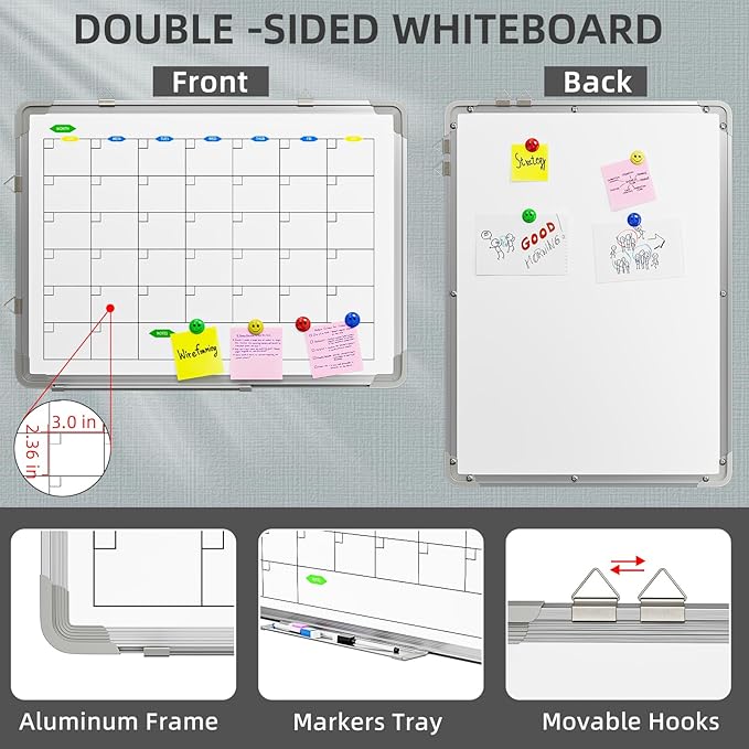 Large Dry Erase Calendar Whiteboard for Wall, Polegas 24" X 18" Magnetic White Board Calendar, Double Sided Whiteboard Calendars Dry Erase, Wall Hanging Monthly Board for Home School Office