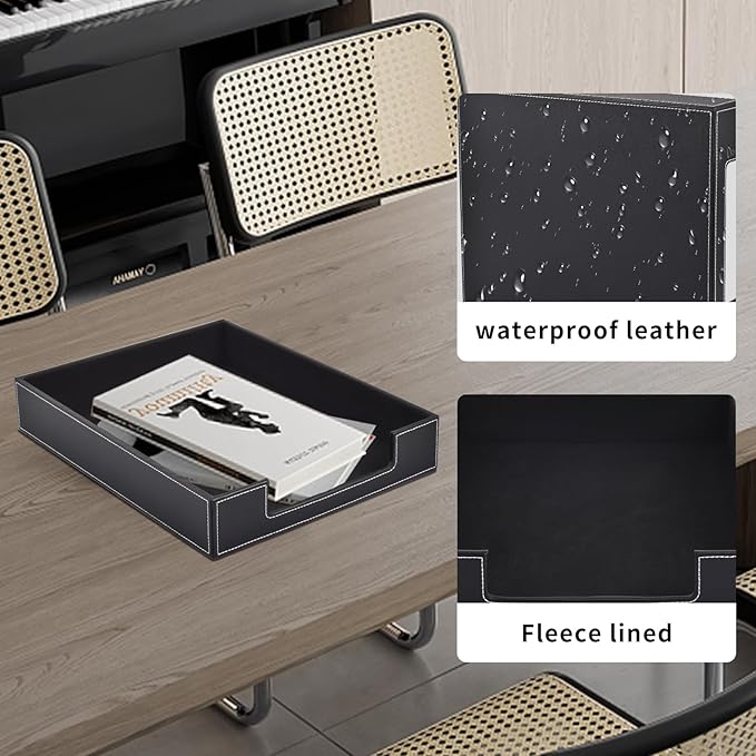 Leather Letter Tray, Office Supplies Desk Organizer for Mail Paper Files Magazines Jewelry Cosmetics,Luxury Letter Holder&Multipurpos Stackable Office Desktop Storage Box,Black