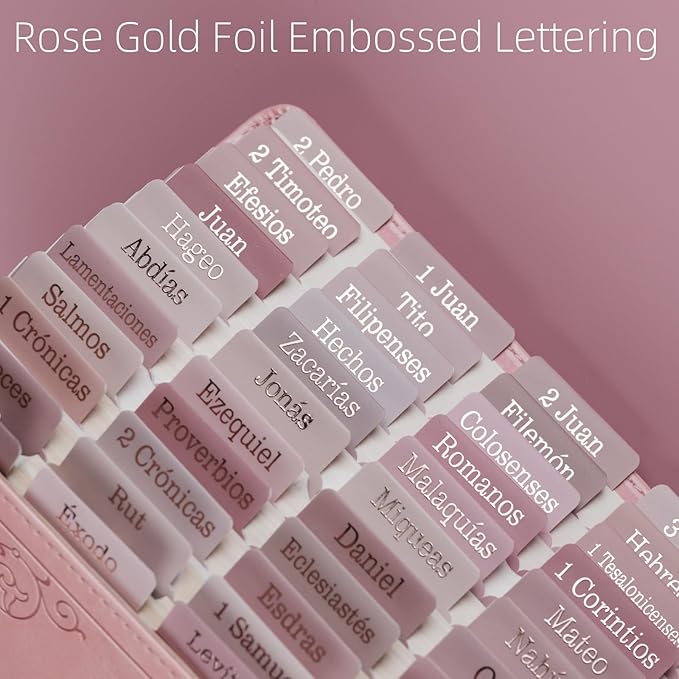UPAFEXXI-Spanish Laminated Bible Tabs for Women and Men(Gold Foil Embossed Lettering) Pestañas de la Biblias, 80 Reposition Large Print tabs, Easy to Read and Apply(Pink)