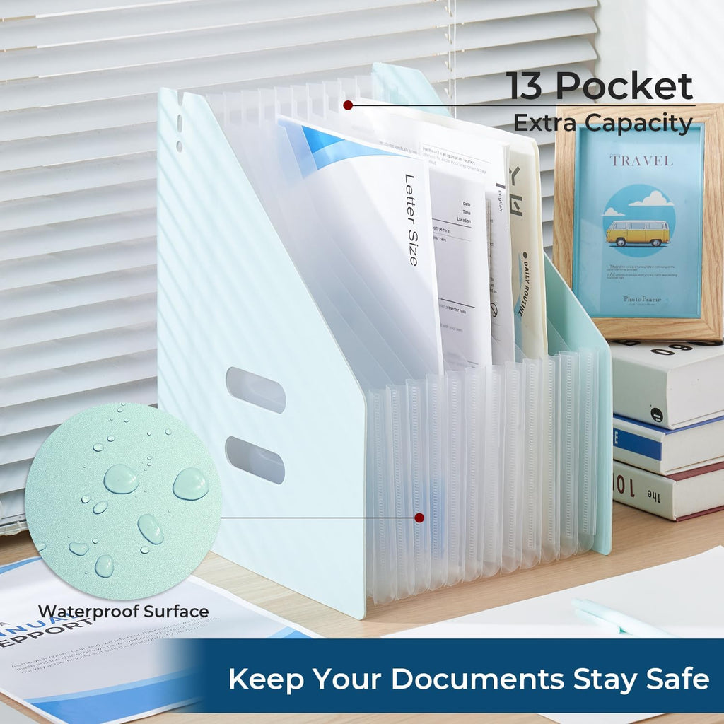 Y YOMA 2 Pack Expanding Magazine Holder with 13 Pockets | Portable Desktop Plastic Self Standing Accordion File Organizer for A4 Letter Size Document Storage Home Office School, Mint Green