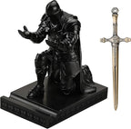 Medieval Armored Warrior Wearing Outerwear, Mobile Phone Stand Knight Pen Holder Desk Organizers, Resin Bookends Paperweight with a Letter Opener for Desk (Black)