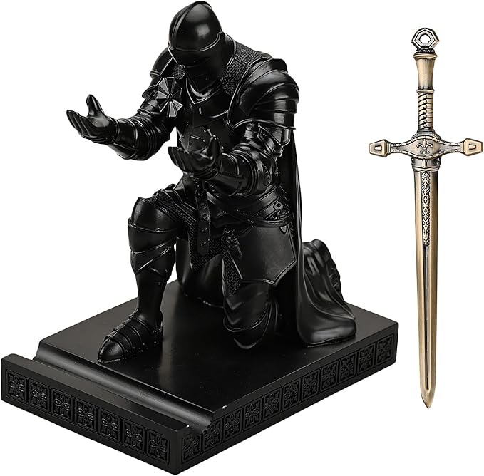 Medieval Armored Warrior Wearing Outerwear, Mobile Phone Stand Knight Pen Holder Desk Organizers, Resin Bookends Paperweight with a Letter Opener for Desk (Black)