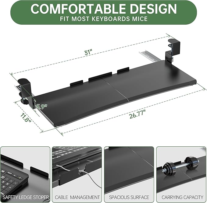Large Keyboard Tray Under Desk - Slide Out with Sturdy C-Clip Mount System, 27 (31.2 Including Clamps) X 11.81 Put-Out Keyboard Tray Computer Drawer for Ergonomic Typing, Black