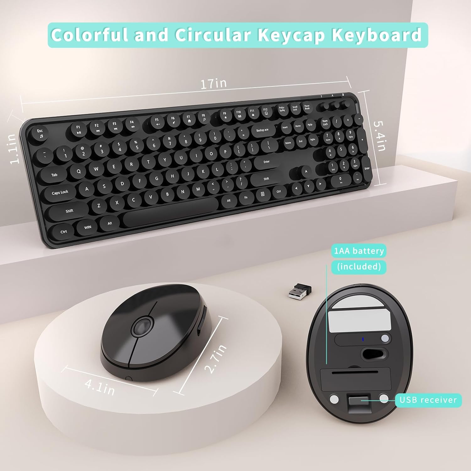 Wireless Keyboard and Mouse Combo, Ergonomic Full Size Typewriter Retro Round Keycaps Keyboard, Compatible with Windows, PC, Perfer for Home and Office Keyboards (Black
