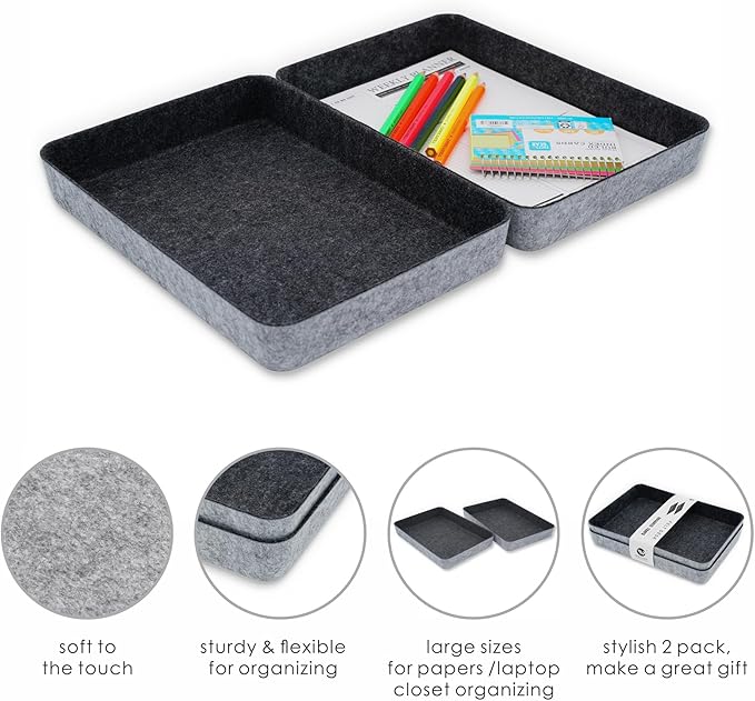 Welaxy 2-piece Office desk drawer organizer tray letter-size documents paper book file Folder Holder storage bins ( Charcoal )