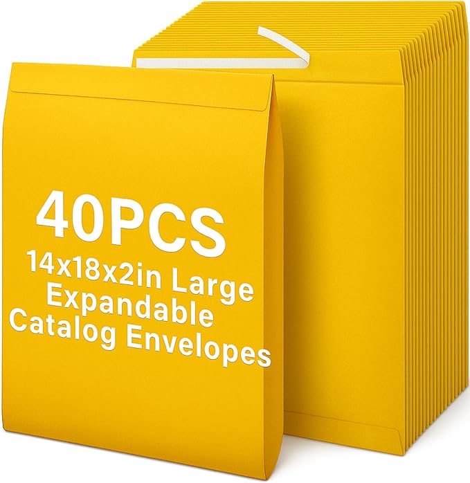40 Pcs 14 x 18 x 2 Inch Large Expandable Catalog Envelopes Manilla Kraft Peel and Seal Envelopes Light Large Mailing for Office Home Documents Magazines Photos Storage Organizing