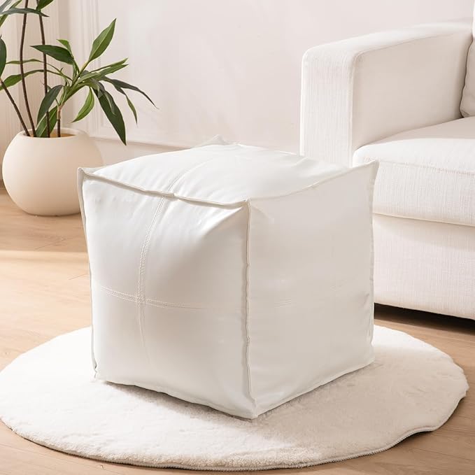 Unstuffed Pouf Ottoman Cover, 17.7x17.7 inch Faux Leather Moroccan Poofy Ottomans Cover, footrest Square White Footstool with Storage Waterproof Easy Cleaning for Living Room (Only Cover No Filler)