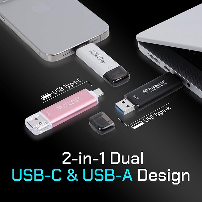 Transcend 512GB External SSD, Up to 1,050MB/s, Dual USB Flash Drive for iPhone&iPad&Mac, Windows&Android, Tablet&PC, Smart TV, USB 3.2 Gen 2 Thumb Drive Photo Stick, 2-in-1 Type C &Type A Memory Stick