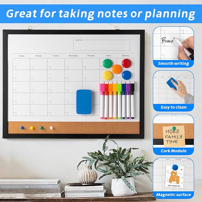 Dry Erase Calendar Whiteboard, 17" x 13" Magnetic Whiteboard Cork Board Combo, Reusable Monthly Planner with 8 Markers, Eraser, Magnets and Pushpins, Hanging Dry Erase Board for Home, School - Black
