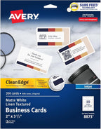 Avery Clean Edge Printable Business Cards with Sure Feed Technology, 2" x 3.5", White Linen Textured, 200 Blank Cards for Inkjet Printers (08873)
