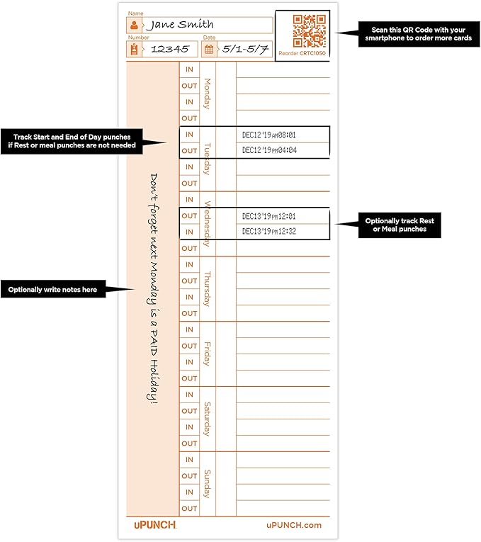 uPunch 100 Time Cards for CR1000 Digital Time Clock and Date Stamp
