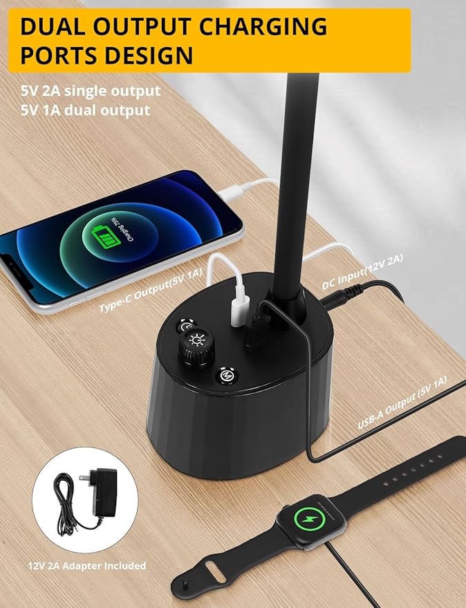 Desk Lamp with Dual Head & 10W Smart Dual USB Charging Port 5 Color Modes Dimmable Reading Light 2600 Lumens 12W Table Lamp for Bedside Office, Adapter Include