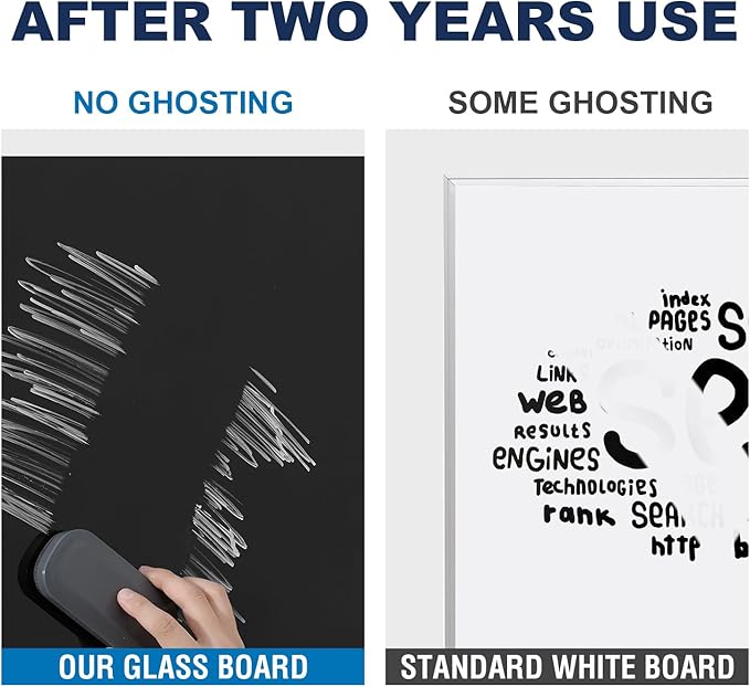 TSJ OFFICE Glass Dry-Erase Board - 48 x 32 Inches Wall Mounted Black Glass Magnetic Whiteboard, Large Frameless White Board for Office, Home & School