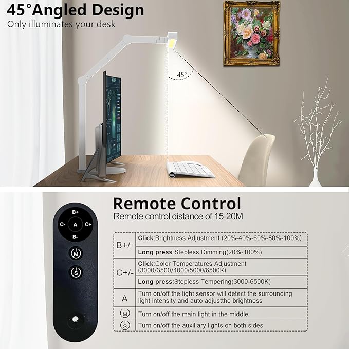 Micomlan Architect Desk Lamp for Home Office, 24W Adjustable Led Desk Light with Remote, 1500LM Bright Dimmable Computer Table Light Rotatable Office Lamp with Base for Cafting Monitor