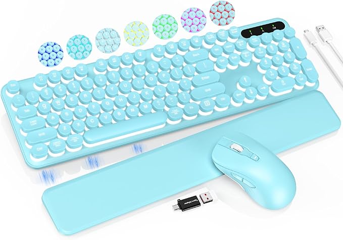 Wireless Keyboard and Mouse Backlit - Typewriter Keyboard with Retro Round Keycaps, Detachable Wrist Rest, Light Up Letters, 2.4G Rechargeable Combo for Mac, Windows, PC, Laptop, Trueque (Aqua Blue)