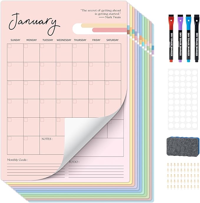 Ospelelf Undated Dry Erase Wall Calendar 12 Month, 12" x 17" Laminated Calendar Monthly Office Calendar 2025, 12 Sheets