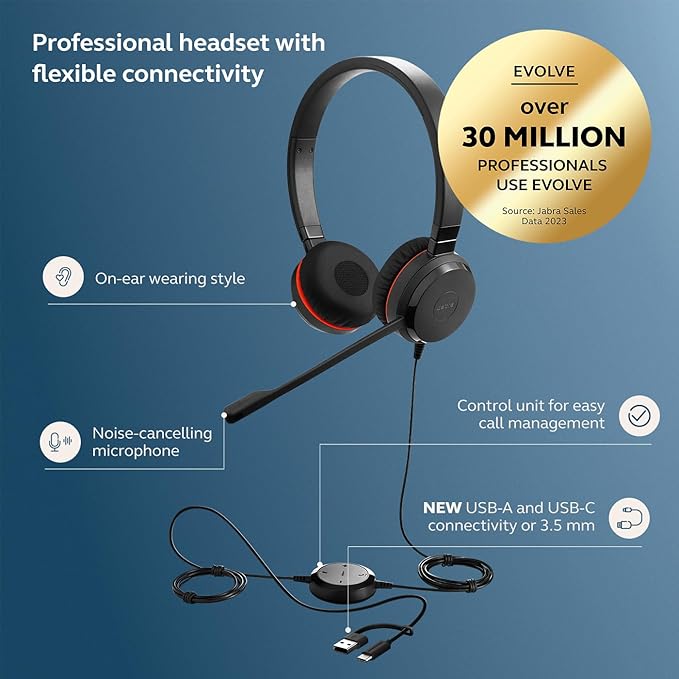 Jabra Evolve 30 II Wired Dual-Ear Headset with Mic for Work - 3.5mm Jack or USB-A/USB-C Connectivity, Computer Headset with Noise-Cancelling Microphone, Works with Online Meeting Platforms - Black