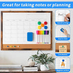 Dry Erase Calendar Whiteboard, 17" x 13" Magnetic Whiteboard Cork Board Combo, Reusable Monthly Planner with 8 Markers, Eraser, Magnets and Pushpins, Hanging Dry Erase Board for Home, School - Brown