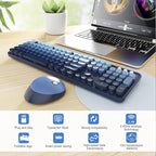 Wireless Keyboard and Mouse Combo, Ergonomic Full Size Typewriter Retro Round Keycaps Keyboard, Compatible with Windows, PC, Perfer for Home and Office Keyboards (Twilight Blue
