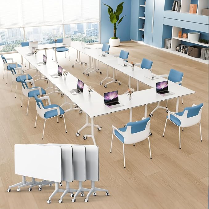 4Pack Folding Conference Room Table, Modern Conference Tables with Silent Wheels, Large Rectangular Mobile Training Tables for Office Classroom, Foldable Modular Seminar Table White (L55.1in)