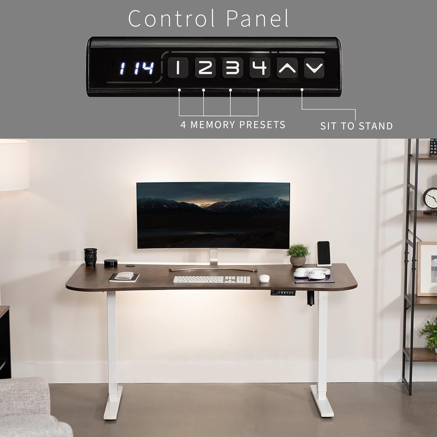 VIVO Electric 63 x 32 in Rustic Standing Desk, Memory Height Adjustment, 1B Series, Vintage Brown Top White Frame, DESK-KIT-1W1N