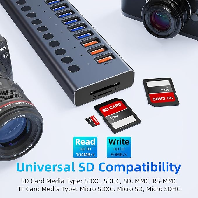 Powered USB Hub 10Gbps, 17 Ports 96W USB 3.2 Hub(10 USB-A 3.2 Ports+3 QC 24W Fast Charging Ports+2 USB-C 3.2 Ports+SD/TF Card Reader), 12V/8A Power Adapter for Laptop, PC, Computer, HDD,Flash Drive