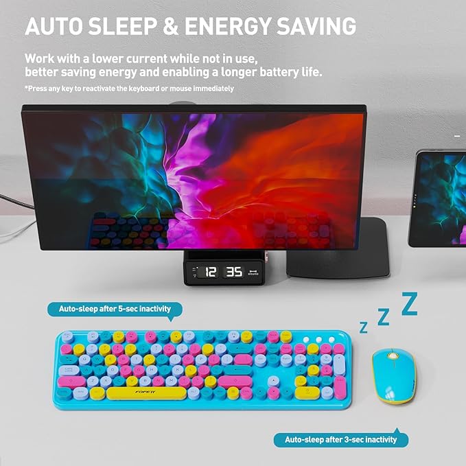 Keyboard and Mouse Wireless,Cute Retro Wireless Keyboard Mouse Combo with Round Key,2.4Ghz Dropout-Free Connection,Typewriter Wireless Keyboard Mouse Set for PC Laptop Desktop Computer-Blue Colorful