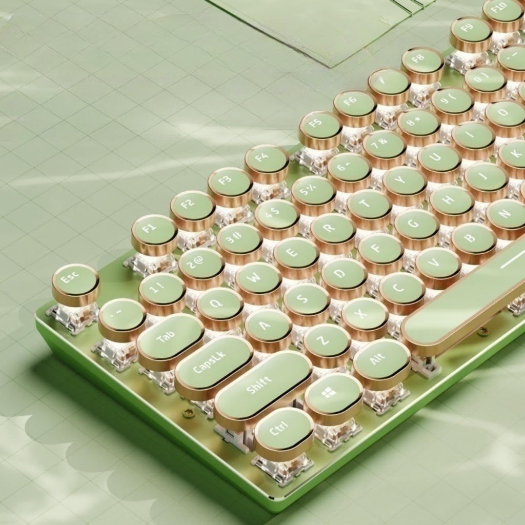 EWEADN V20 Typewriter Keyboard Wireless, 104 Keys Typewriter Style Mechanical with White Backlit, Media Knob, Pink Switch 2.4G/Bluetooth/USB-C Wired Retro Full Size Keyboard for Windows/Mac/PC-Green